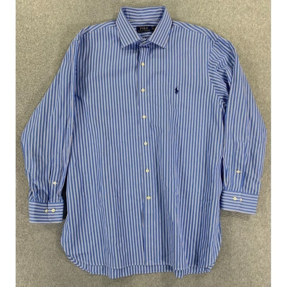 Polo by Ralph Lauren Mens Dress Shirt 17.5 32/33 Blue White Striped Pony Logo